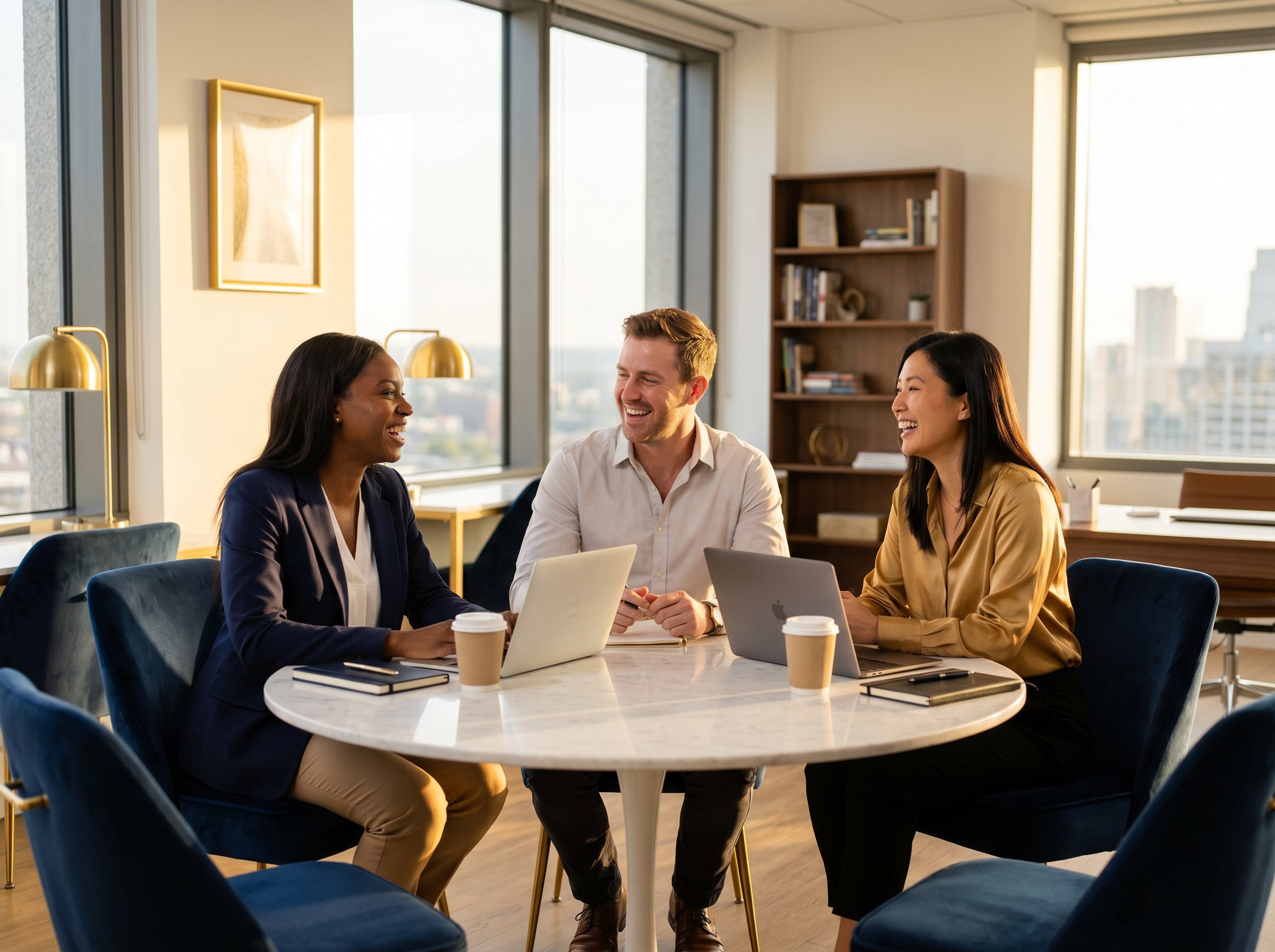 Diverse team of professionals collaborating in a bright office