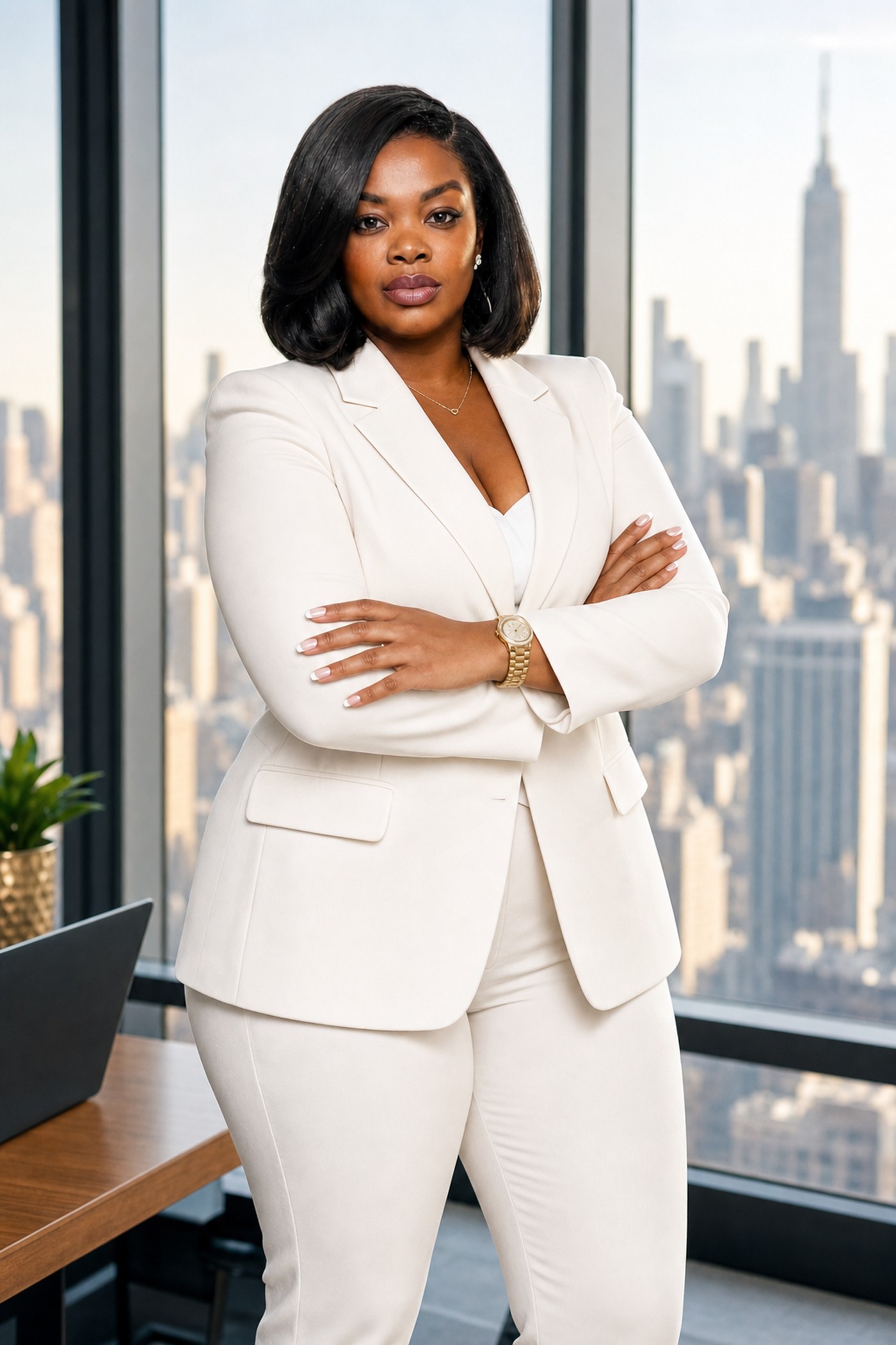 Opulent Consulting Group founder in a tailored white suit, standing in a high-rise office